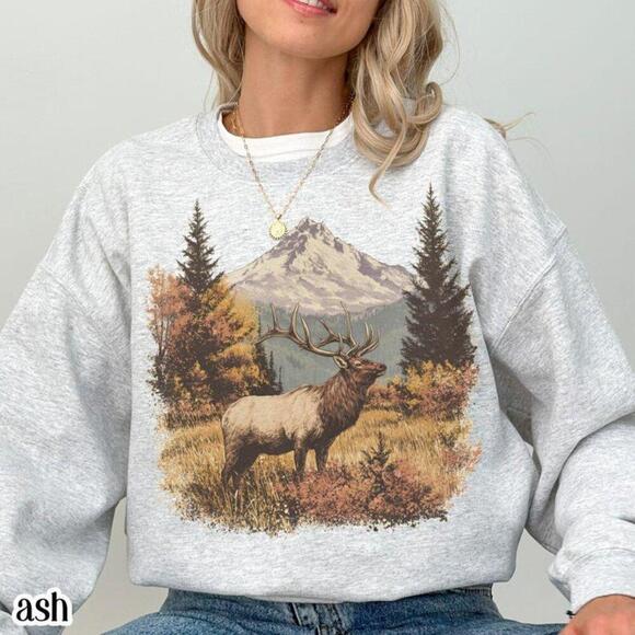 Gildan Tops - Retro Elk Sweatshirt Fall Hunter Scene Sweater 90S Bull Forest Nature